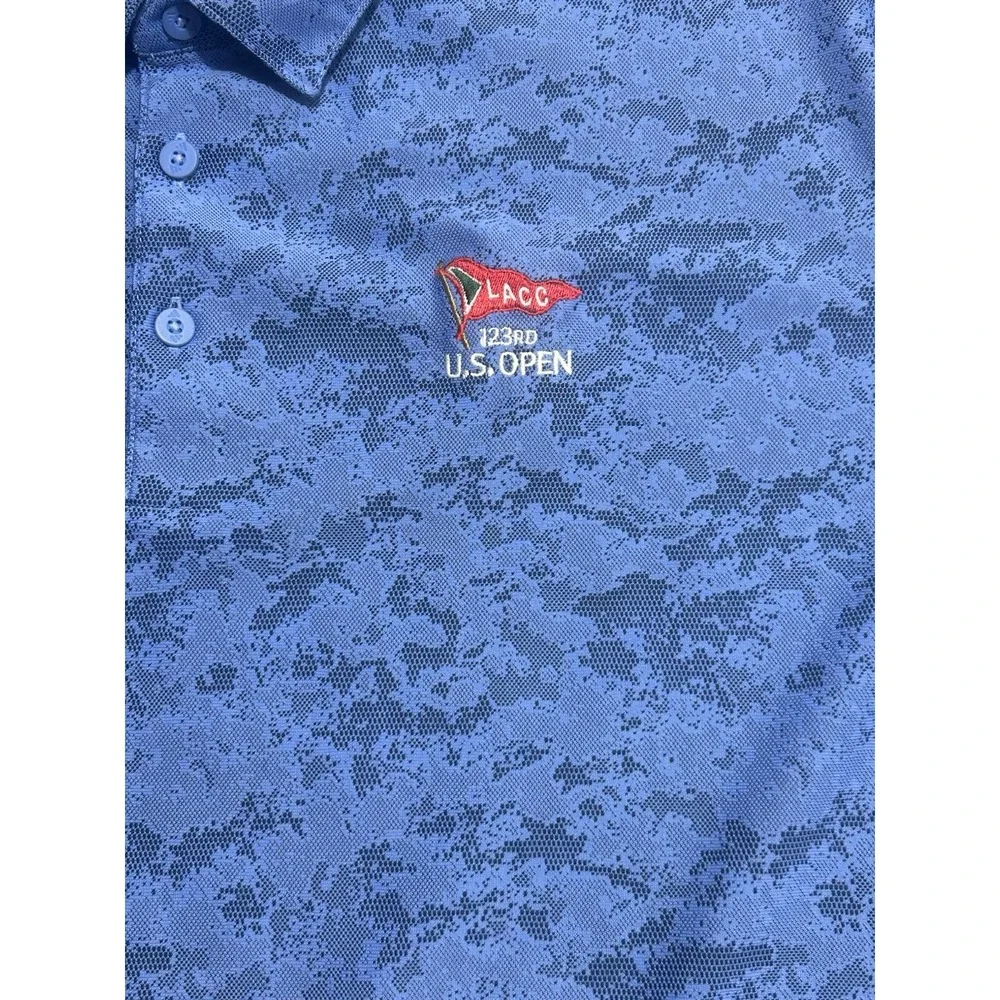 Adidas Polo Shirt Mens 2XL Blue Camo Golf Performance Logo US OPEN 123RD‎ Preppy